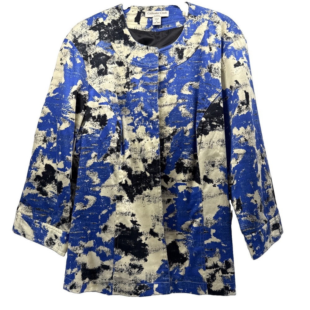 Coldwater Creek Women's Jacket Size 1X Blue Black White 3/4 Sleeve Lined Open